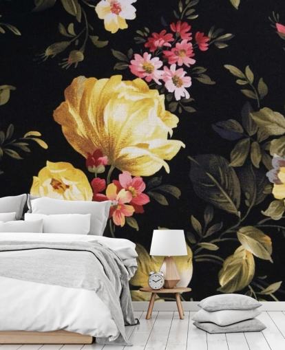 Yellow and Pink Roses on a Black Background Wall Mural