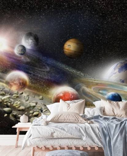 Fondo de pantalla de cielo nocturno en el espacio con muchos planetas y asteroides a punto de chocar