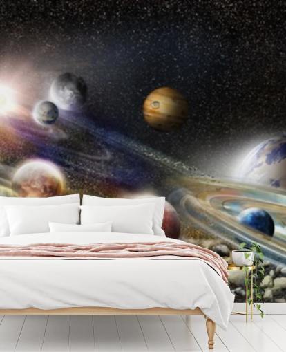 Fondo de pantalla de cielo nocturno en el espacio con muchos planetas y asteroides a punto de chocar