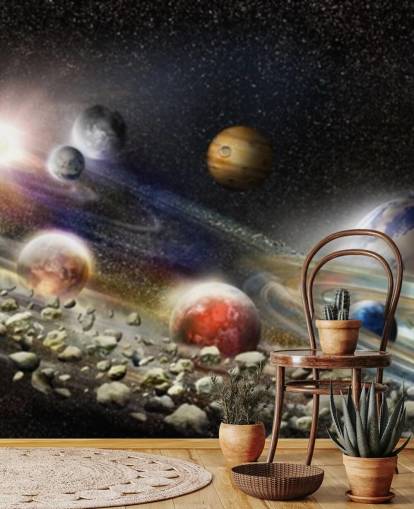 Night sky in space wallpaper with lots of planets and asteroids about to collide