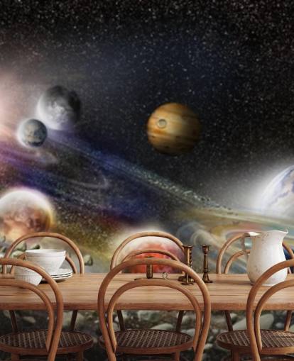 Night sky in space wallpaper with lots of planets and asteroids about to collide