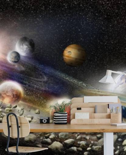 Night sky in space wallpaper with lots of planets and asteroids about to collide Night sky in space wallpaper with lots of planets and asteroids about to collide