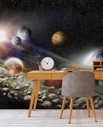 Papel de parede de céu noturno no espaço com muitos planetas e asteróides prestes a colidir Papel de parede de céu noturno no espaço com muitos planetas e asteróides prestes a colidir