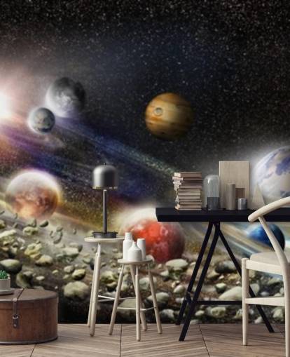 Night sky in space wallpaper with lots of planets and asteroids about to collide