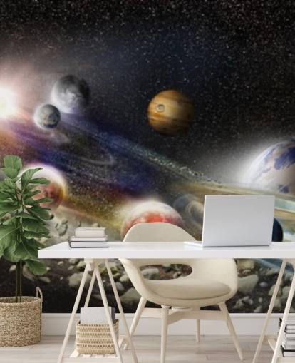 Fondo de pantalla de cielo nocturno en el espacio con muchos planetas y asteroides a punto de chocar