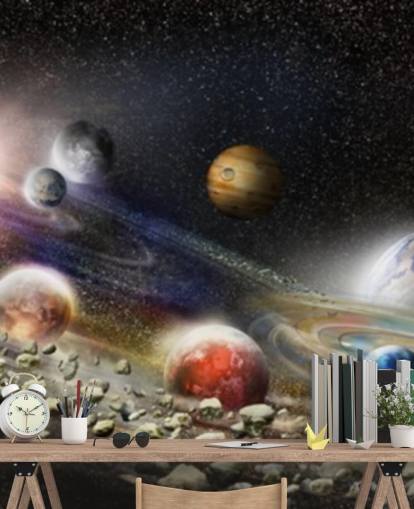 Night sky in space wallpaper with lots of planets and asteroids about to collide