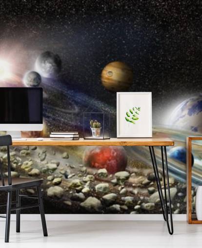 Night sky in space wallpaper with lots of planets and asteroids about to collide