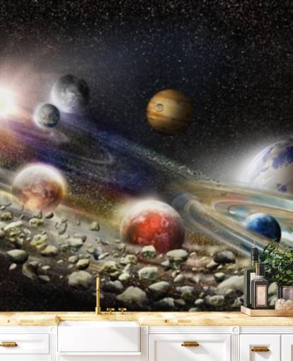 Papel de parede de céu noturno no espaço com muitos planetas e asteróides prestes a colidir Papel de parede de céu noturno no espaço com muitos planetas e asteróides prestes a colidir