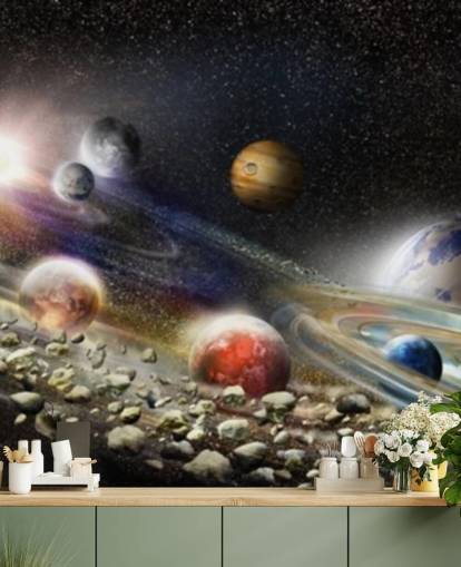 Night sky in space wallpaper with lots of planets and asteroids about to collide Night sky in space wallpaper with lots of planets and asteroids about to collide