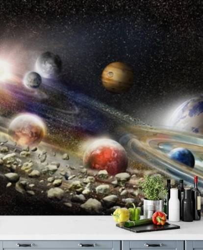 Hintergrundbild „Nachthimmel im Weltraum“ mit vielen Planeten und Asteroiden, die kurz vor der Kollision stehen Hintergrundbild „Nachthimmel im Weltraum“ mit vielen Planeten und Asteroiden, die kurz vor der Kollision stehen