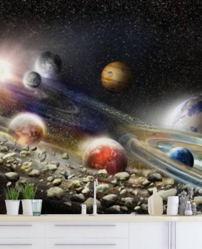 Papel de parede de céu noturno no espaço com muitos planetas e asteróides prestes a colidir