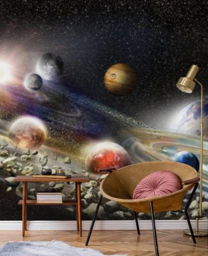 Nachthemel in ruimtebehang met veel planeten en asteroïden die op het punt staan te botsen