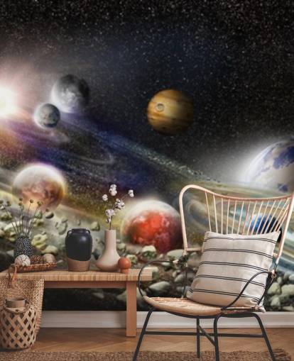 Night sky in space wallpaper with lots of planets and asteroids about to collide