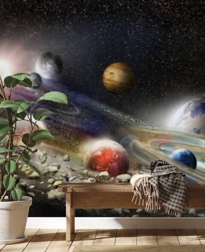 Night sky in space wallpaper with lots of planets and asteroids about to collide Night sky in space wallpaper with lots of planets and asteroids about to collide