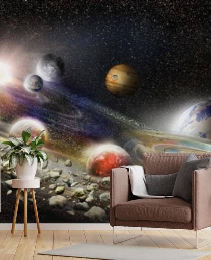 Night sky in space wallpaper with lots of planets and asteroids about to collide