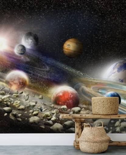 Night sky in space wallpaper with lots of planets and asteroids about to collide