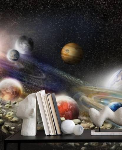 Night sky in space wallpaper with lots of planets and asteroids about to collide