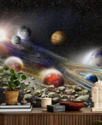 Night sky in space wallpaper with lots of planets and asteroids about to collide Night sky in space wallpaper with lots of planets and asteroids about to collide