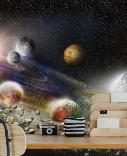 Night sky in space wallpaper with lots of planets and asteroids about to collide