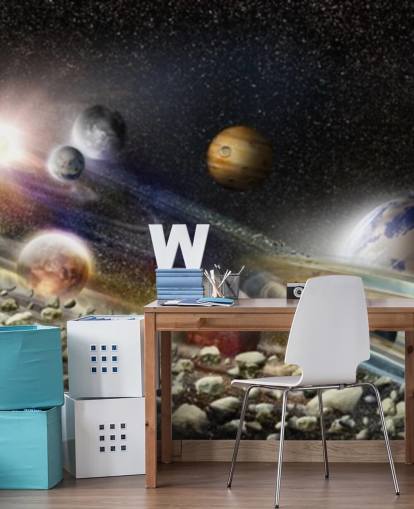 Night sky in space wallpaper with lots of planets and asteroids about to collide