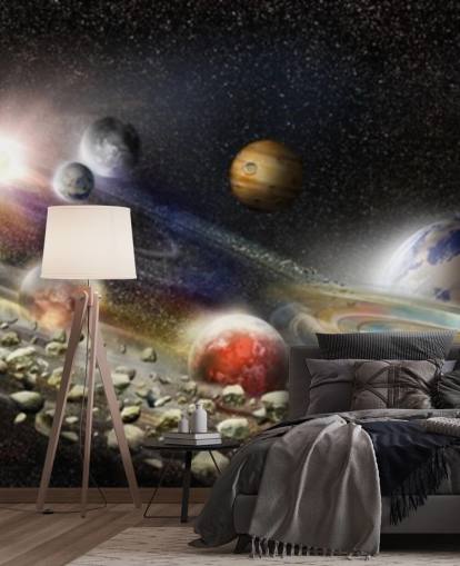 Papel de parede de céu noturno no espaço com muitos planetas e asteróides prestes a colidir