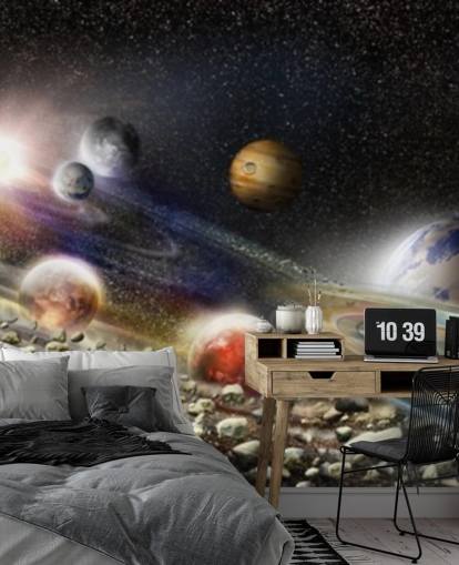 Nachthemel in ruimtebehang met veel planeten en asteroïden die op het punt staan te botsen Nachthemel in ruimtebehang met veel planeten en asteroïden die op het punt staan te botsen