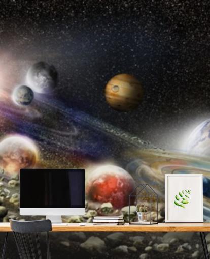 Carta da parati con cielo notturno nello spazio con molti pianeti e asteroidi in procinto di scontrarsi