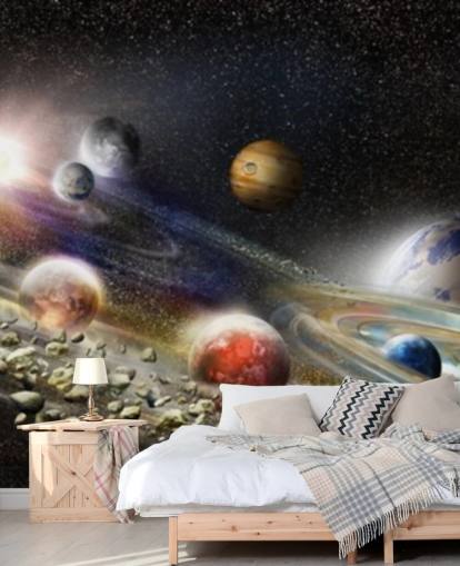 Night sky in space wallpaper with lots of planets and asteroids about to collide Night sky in space wallpaper with lots of planets and asteroids about to collide