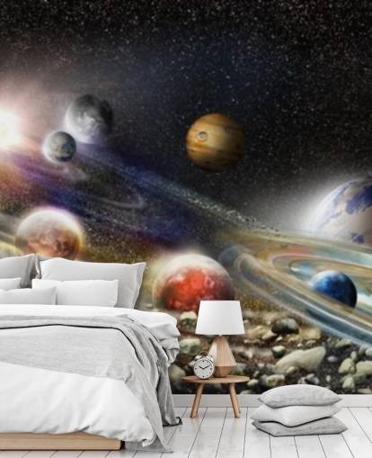 Fondo de pantalla de cielo nocturno en el espacio con muchos planetas y asteroides a punto de chocar