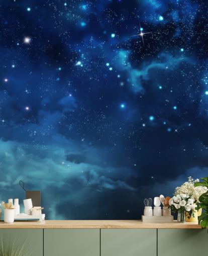 mural de papel pintado de cielo nocturno azul oscuro llamado Beautiful Nightly Sky para dormitorios