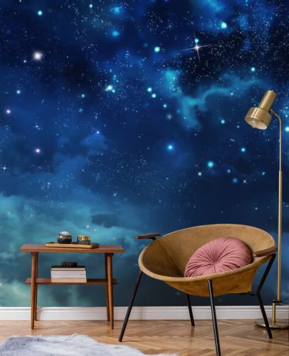 mural de papel pintado de cielo nocturno azul oscuro llamado Beautiful Nightly Sky para dormitorios