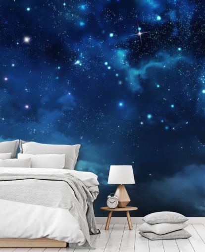 donkerblauwe nachthemel behangmuurschildering genaamd Beautiful Nightly Sky voor slaapkamers
