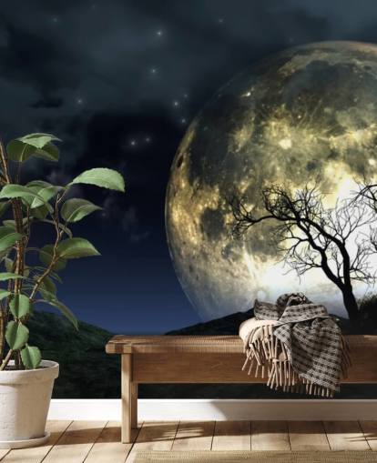 Glowing Moon Behind Tree Wallpaper