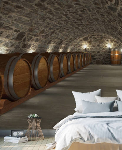 mural de papel de parede de adega 3D marrom e cinza chamado Cave à Vin para adegas e cozinhas