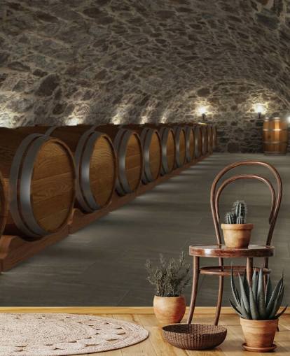 mural de papel pintado de bodega en 3D marrón y gris llamado Cave à Vin para bodegas y cocinas mural de papel pintado de bodega en 3D marrón y gris llamado Cave à Vin para bodegas y cocinas