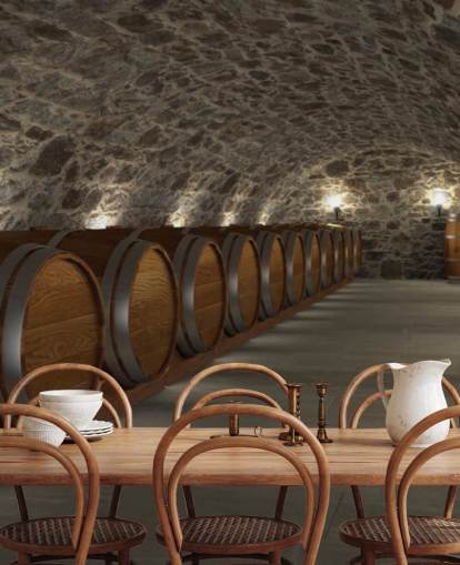 Braune und graue 3D-Weinkeller-Tapete namens Cave à Vin für Keller und Küchen Braune und graue 3D-Weinkeller-Tapete namens Cave à Vin für Keller und Küchen