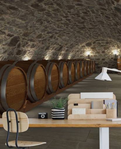 brun og grå 3d vinkælder tapetmaleri kaldet Cave à Vin til kældre og køkkener brun og grå 3d vinkælder tapetmaleri kaldet Cave à Vin til kældre og køkkener