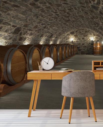 mural de papel pintado de bodega en 3D marrón y gris llamado Cave à Vin para bodegas y cocinas