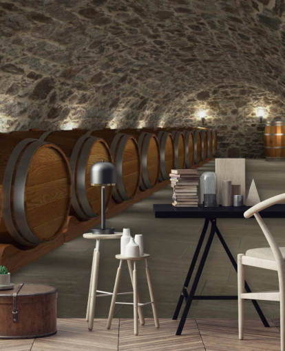mural de papel pintado de bodega en 3D marrón y gris llamado Cave à Vin para bodegas y cocinas