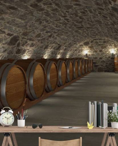 bruine en grijze 3D-wijnkelder behangmuurschildering genaamd Cave à Vin voor kelders en keukens bruine en grijze 3D-wijnkelder behangmuurschildering genaamd Cave à Vin voor kelders en keukens