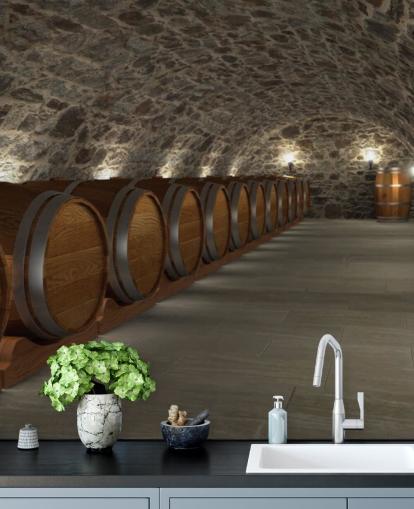 mural de papel pintado de bodega en 3D marrón y gris llamado Cave à Vin para bodegas y cocinas