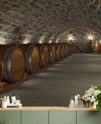 mural de papel pintado de bodega en 3D marrón y gris llamado Cave à Vin para bodegas y cocinas