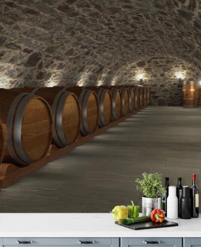 brun og grå 3d vinkælder tapetmaleri kaldet Cave à Vin til kældre og køkkener brun og grå 3d vinkælder tapetmaleri kaldet Cave à Vin til kældre og køkkener