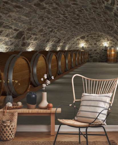 mural de papel pintado de bodega en 3D marrón y gris llamado Cave à Vin para bodegas y cocinas