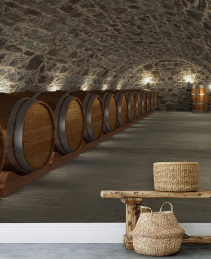 mural de papel pintado de bodega en 3D marrón y gris llamado Cave à Vin para bodegas y cocinas