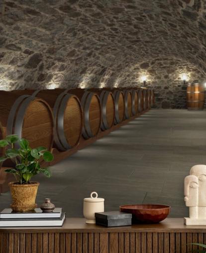 Braune und graue 3D-Weinkeller-Tapete namens Cave à Vin für Keller und Küchen