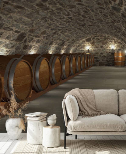 carta da parati murale 3D marrone e grigia chiamata Cave à Vin per cantine e cucine