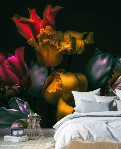 dunkles Blumentapetenwandbild namens Exotic Blooms für Schlafzimmer und Wohnzimmer dunkles Blumentapetenwandbild namens Exotic Blooms für Schlafzimmer und Wohnzimmer