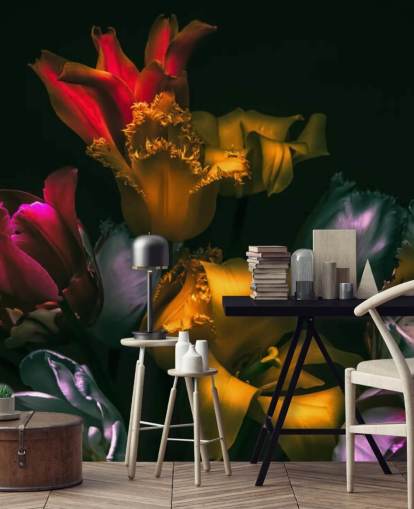 dunkles Blumentapetenwandbild namens Exotic Blooms für Schlafzimmer und Wohnzimmer dunkles Blumentapetenwandbild namens Exotic Blooms für Schlafzimmer und Wohnzimmer