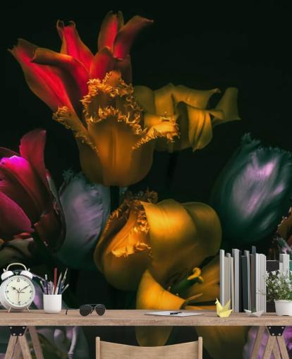 tumma kukka-taustakuvamaalaus nimeltä Exotic Blooms makuuhuoneisiin ja olohuoneisiin